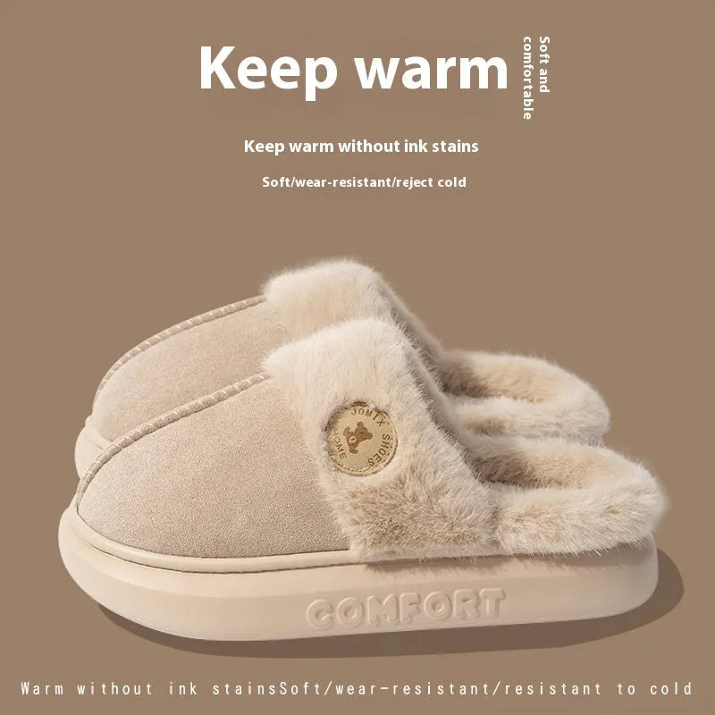 Unisex plush fleece slippers with thick PVC sole in multiple colours