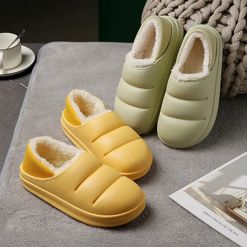 A pair of green EVA couple slippers with plush lining, shown as indoor house shoes and outdoor garden overshoes.