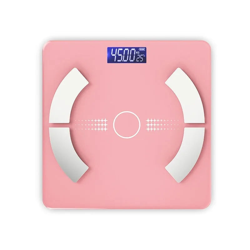 White Bluetooth body fat scale on bathroom floor showing weight, body fat, water and calorie measurements