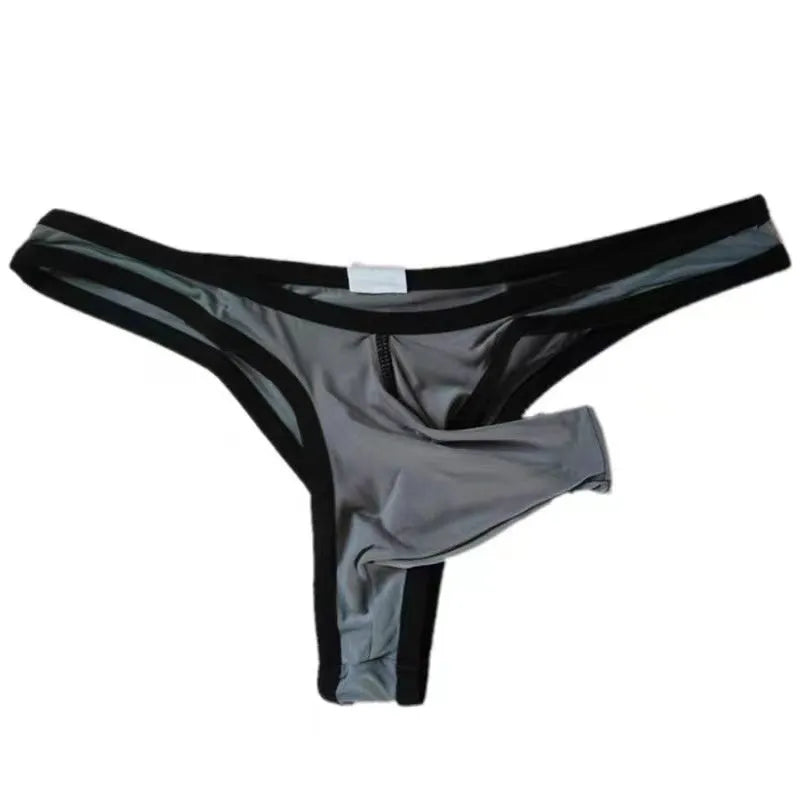 Men's Ice Silk nylon briefs with elephant nose design in multiple colour options on size chart