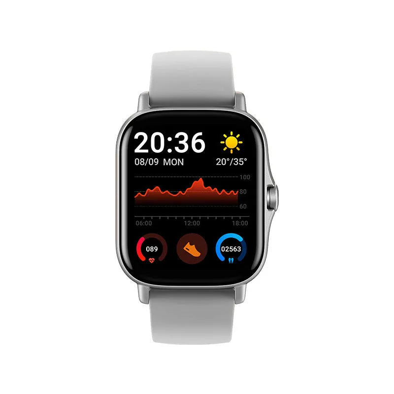 GT20 smartwatch with alloy case, silicone strap, and 1.75-inch screen displaying heart rate data