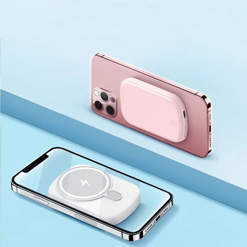 Magsafe magnetic wireless power bank in four colours showing front view with dimensions