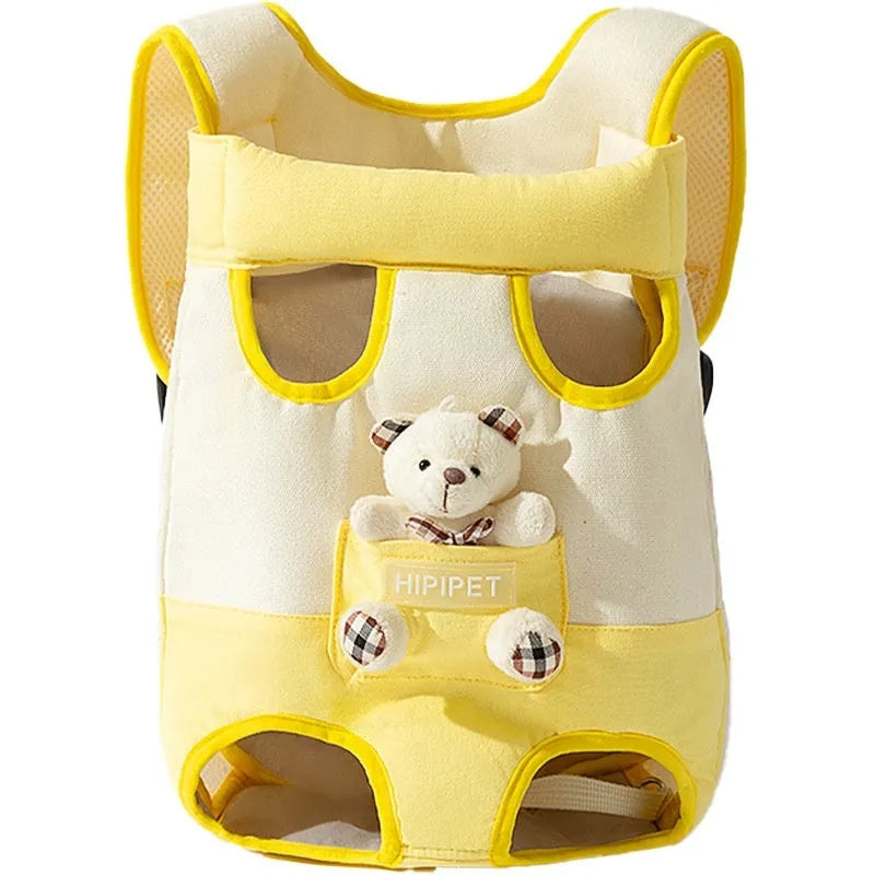 Canvas cat carrier bag with yellow bear cartoon pattern and colourful stitching in S, M, L, XL sizes