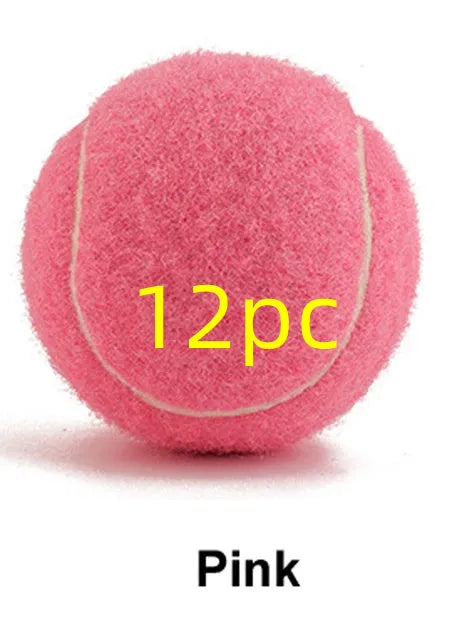 Colourful 6.3cm diameter rubber dog tennis ball toy in blue, green, pink, and red on a white background.