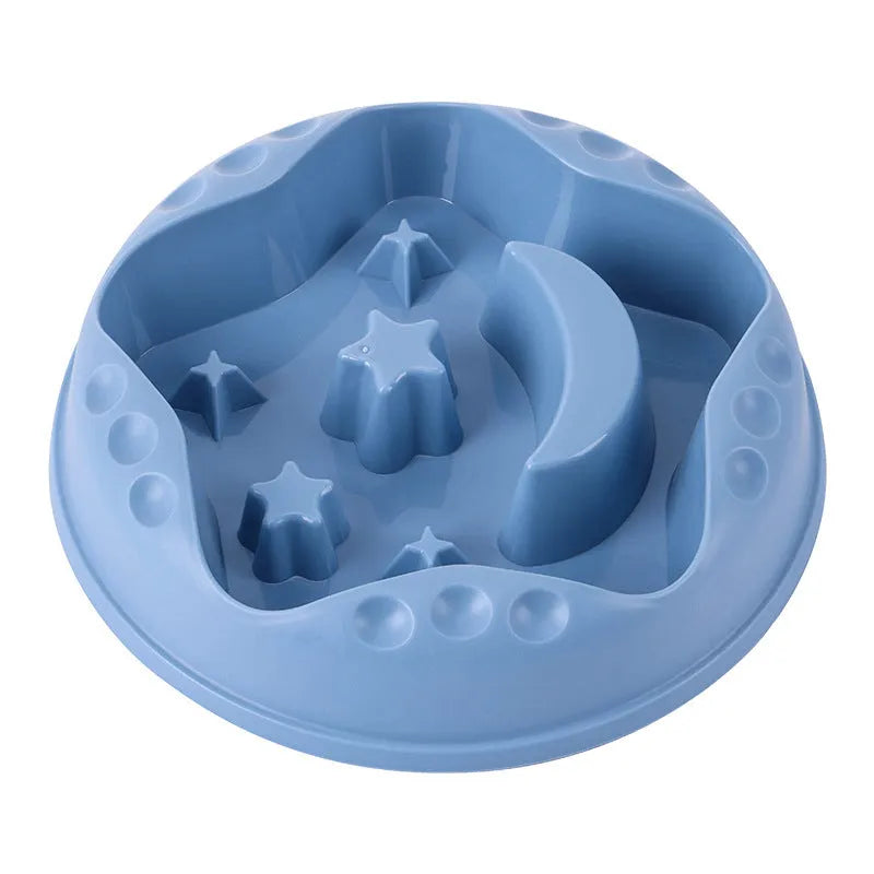 Moon Star Wings pattern slow feeder dog bowl in blue, grey, green, pink, or yellow with non-slip base