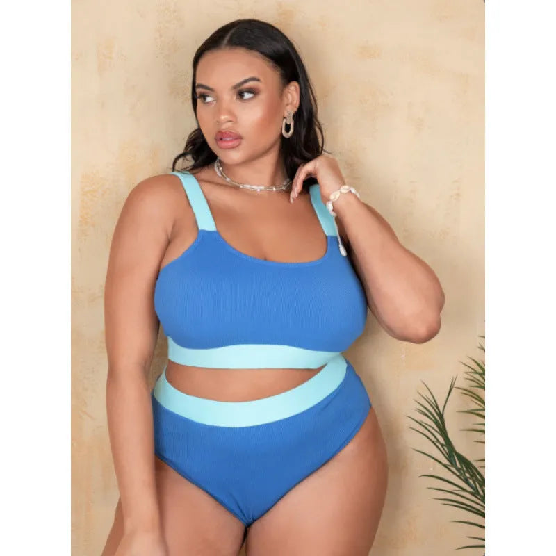 Women's high-waisted bikini set in a solid colour with split stitching detail, showing front view.