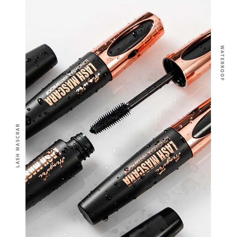 Black waterproof and sweat-proof mascara tube for long-lasting, smudge-resistant volume and curl.