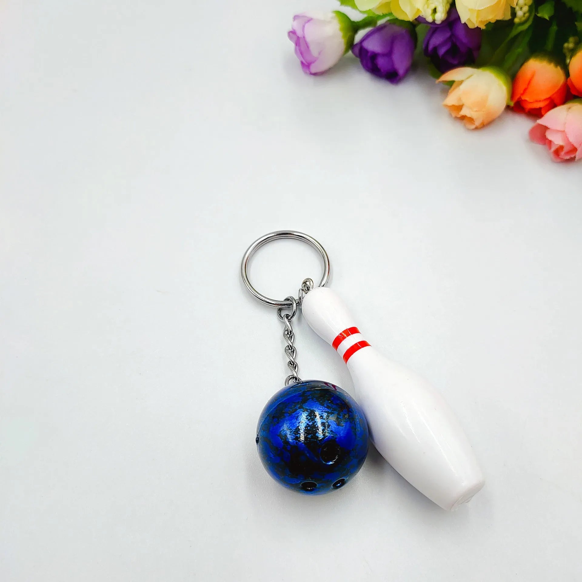 Mini simulation bowling ball keychain pendant in PVC metal construction