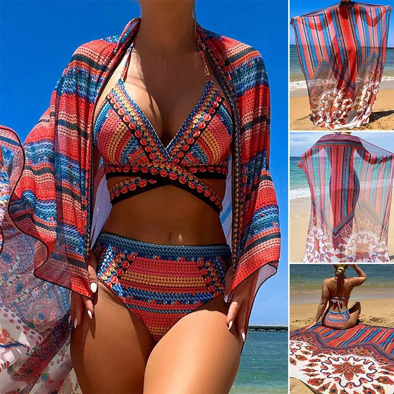 Women's three-piece swimsuit set showing high-waist briefs, cutout sleeveless blouse, and a coat.