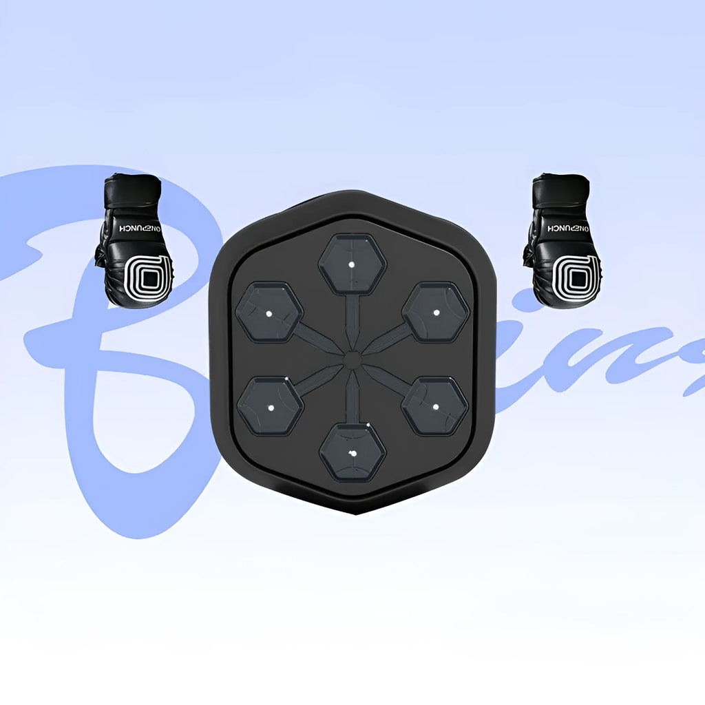 Black smart music boxing machine with Bluetooth connection and included boxing gloves for fitness training