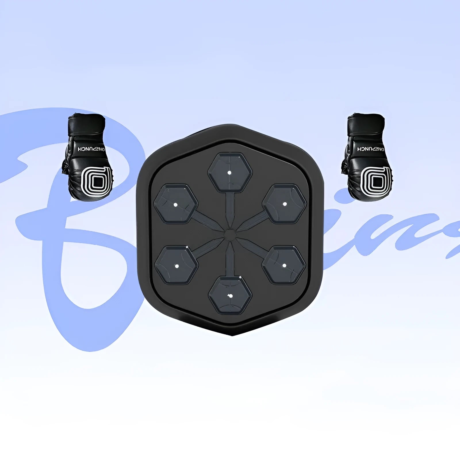 Black smart music boxing machine with Bluetooth connection and included boxing gloves for fitness training