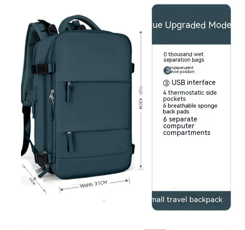 Large black waterproof nylon mummy backpack with zipped compartments.