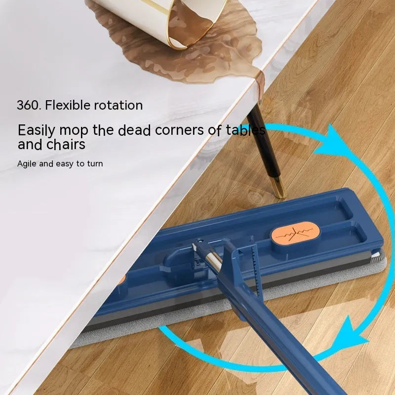 Large flat mop with long stainless steel handle and blue cleaning cloth on a hard floor.