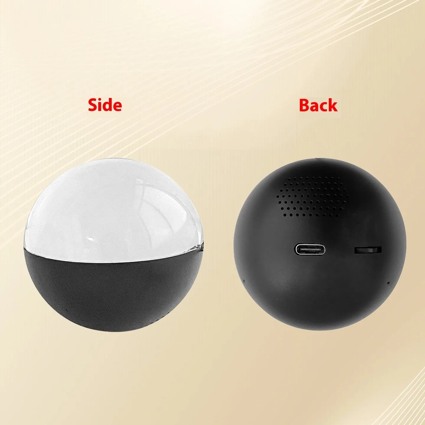 Electronic ball video player with round screen showing video playback, available in multiple shell colours