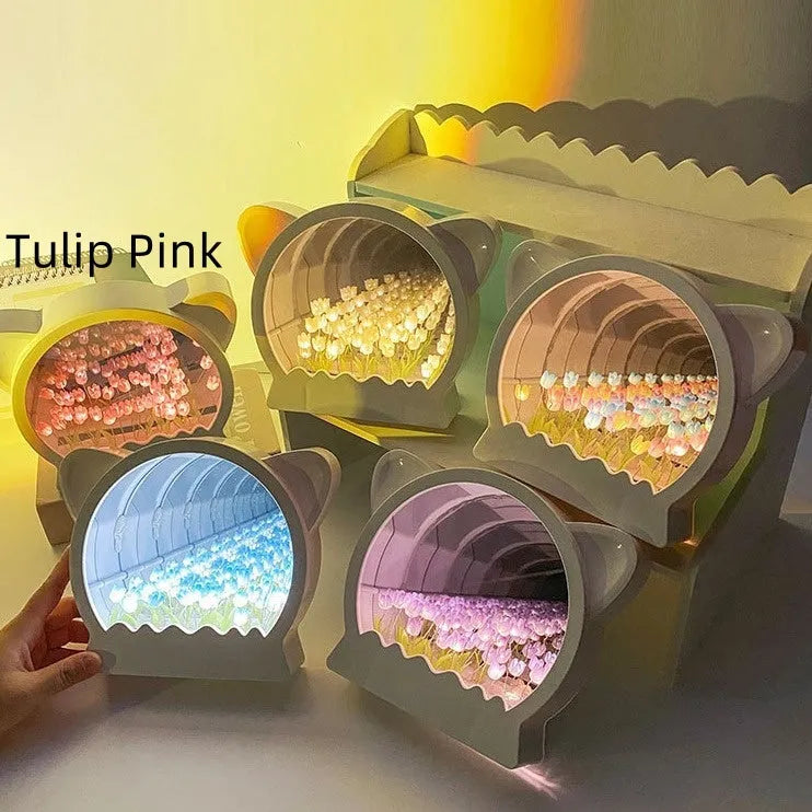 Handmade DIY cat head shaped night lamp kit surrounded by colourful tulip flowers for bedroom decor