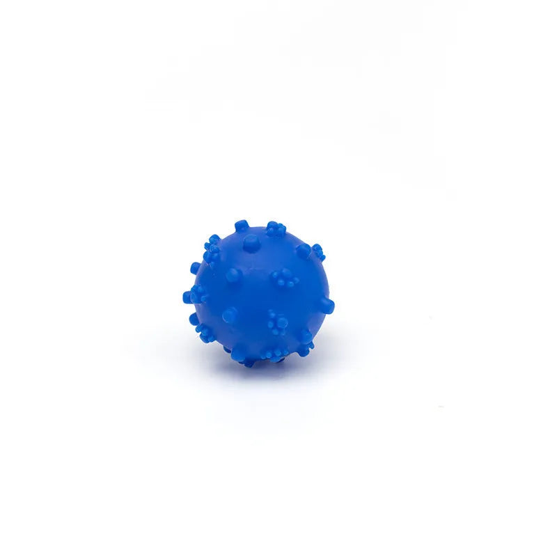 Bright blue, green, pink, and yellow spiky dog balls for small puppy teething and play.