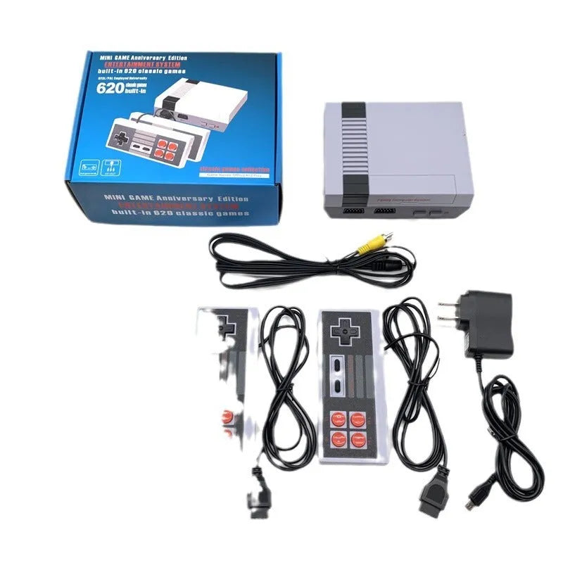 NES retro game console with two controllers showing compact design and AV connection