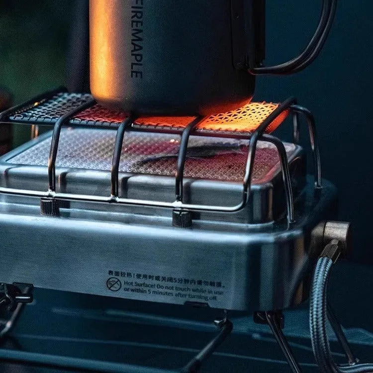 Portable outdoor heating stove with metal finish showing expanded and collapsed sizes