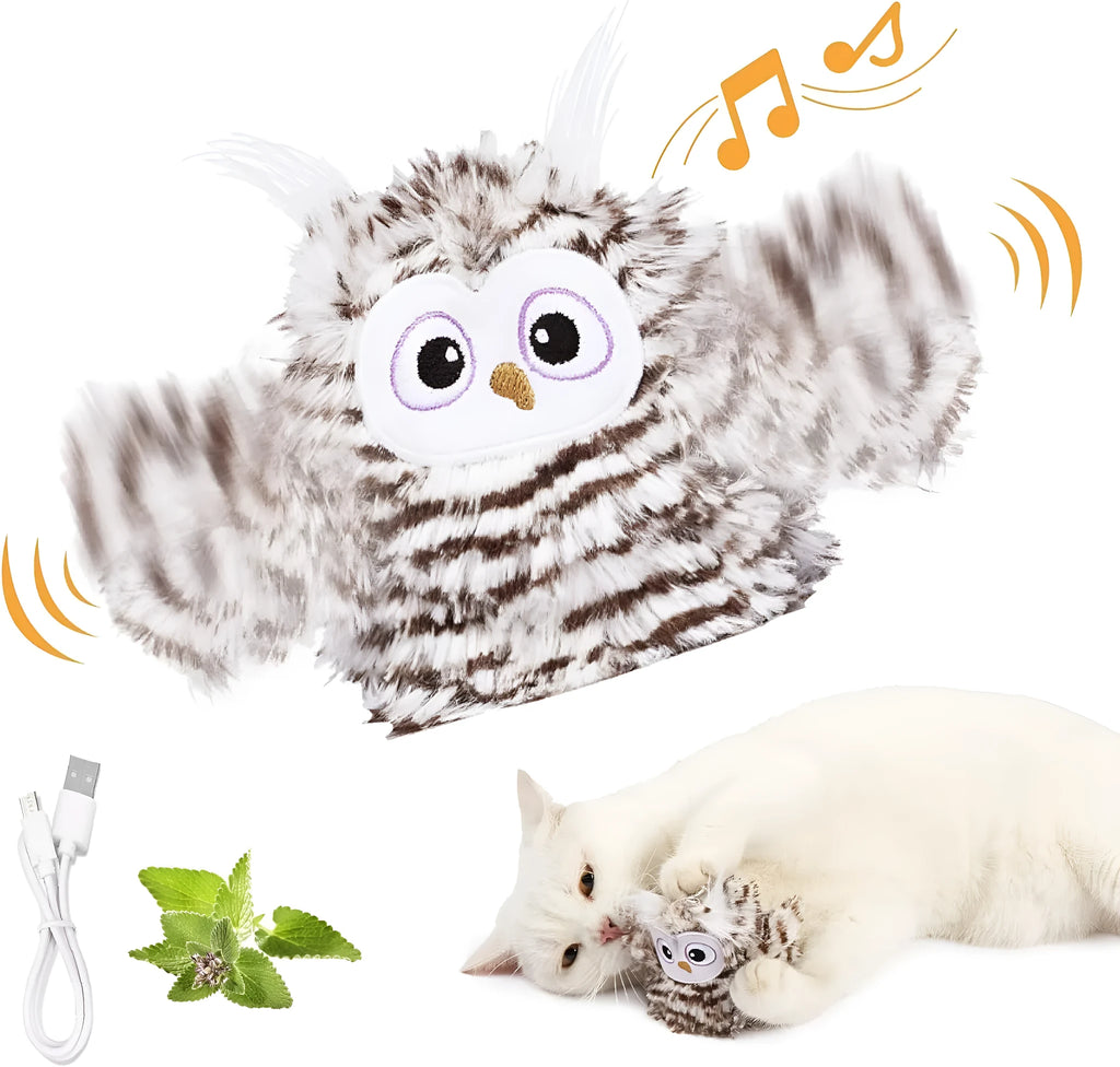 Grey interactive owl cat toy with flapping wings for indoor feline entertainment