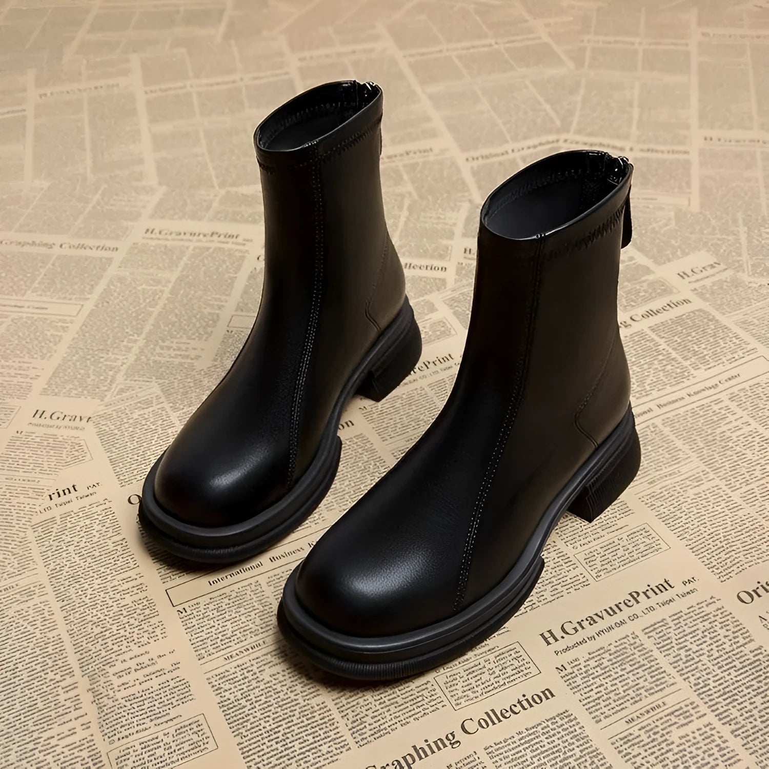 Women's black ankle boots with a flat heel, round toe, and a back zip fastening on a rubber sole.