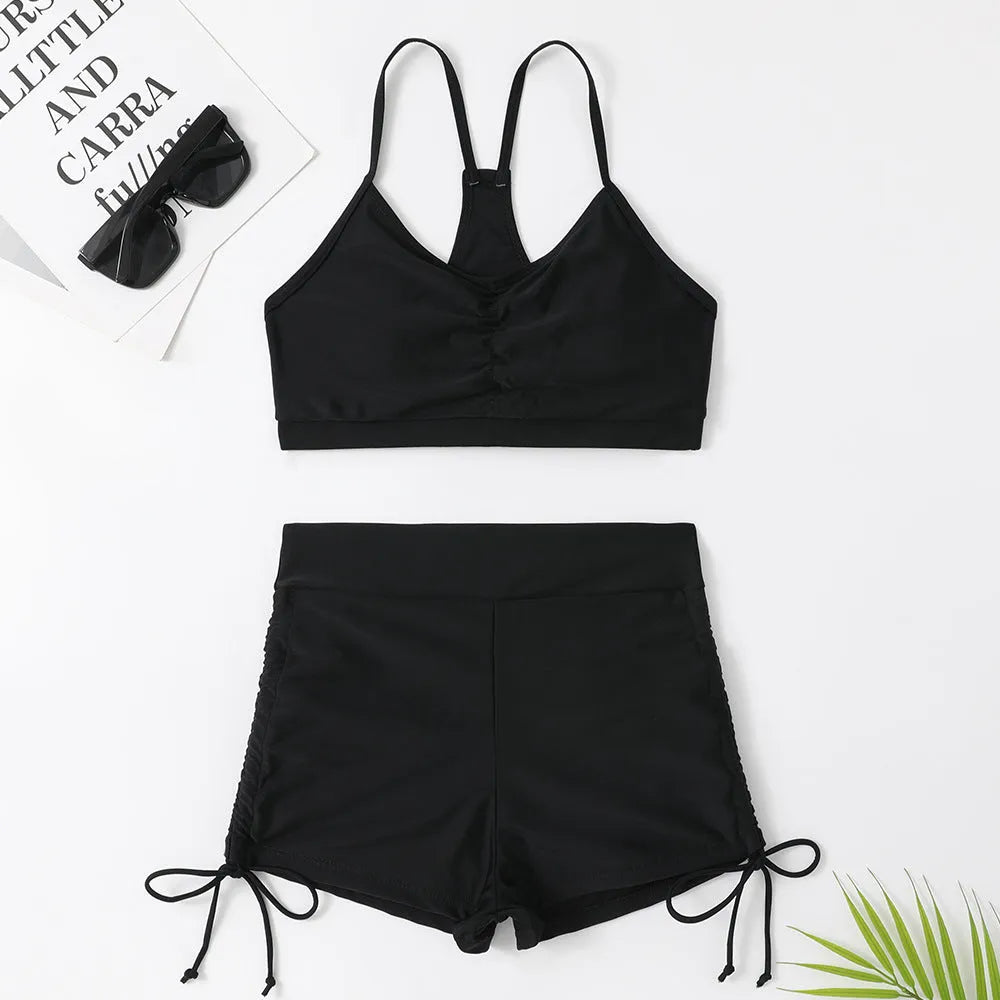 Women's high waist split swimsuit bikini in purple and black colours with spandex and nylon lining