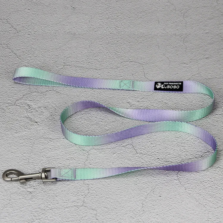 Gradient colour nylon dog leash set with collar, bracelet, and chest strap options in pink/yellow and purple/green combinations