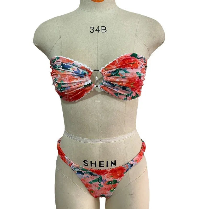 European and American style printed tube top bikini set with lace detailing and floral patterns