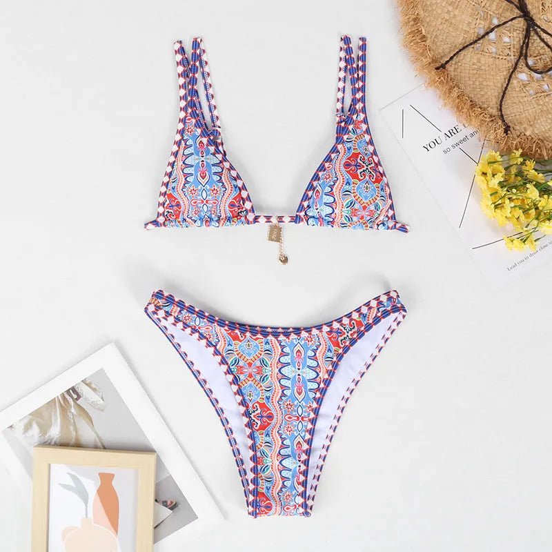 Retro 4-colour printed women's bikini swimwear in polyester fabric