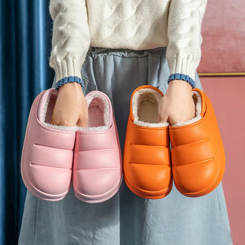 A pair of green EVA couple slippers with plush lining, shown as indoor house shoes and outdoor garden overshoes.