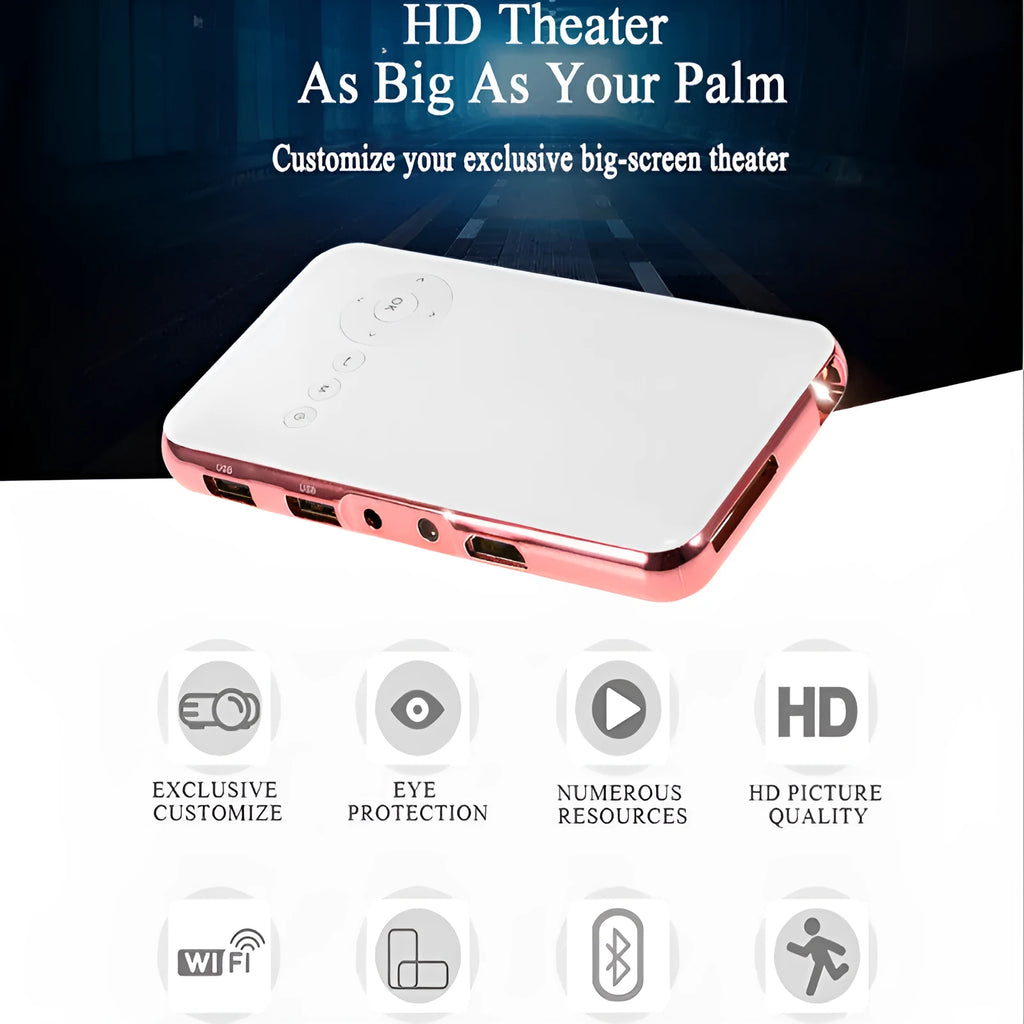 White and rose gold miniature portable DLP Android projector with 32GB memory showing compact dimensions