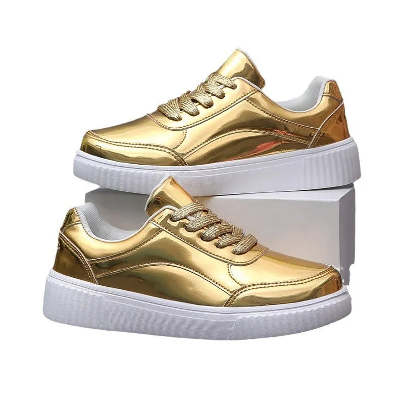 Rose gold and gold sequin platform sneakers with thick soles and round toe design