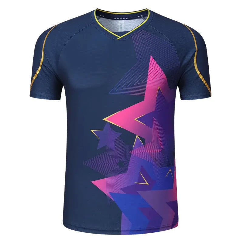 Man and woman wearing short-sleeved blue and purple badminton sportswear outfits, consisting of a top and trousers.