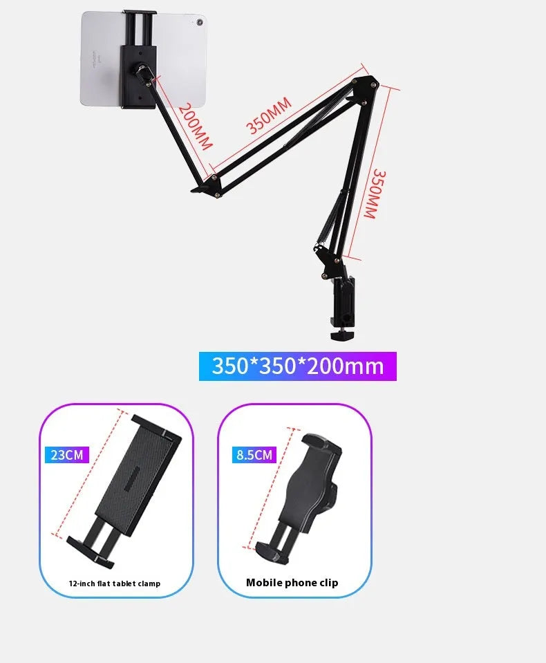 Black foldable metal tablet cantilever bracket with adjustable arm and tablet clip