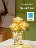 Crystal flowers decorative touch table lamp with USB charging cable on wooden bedside table