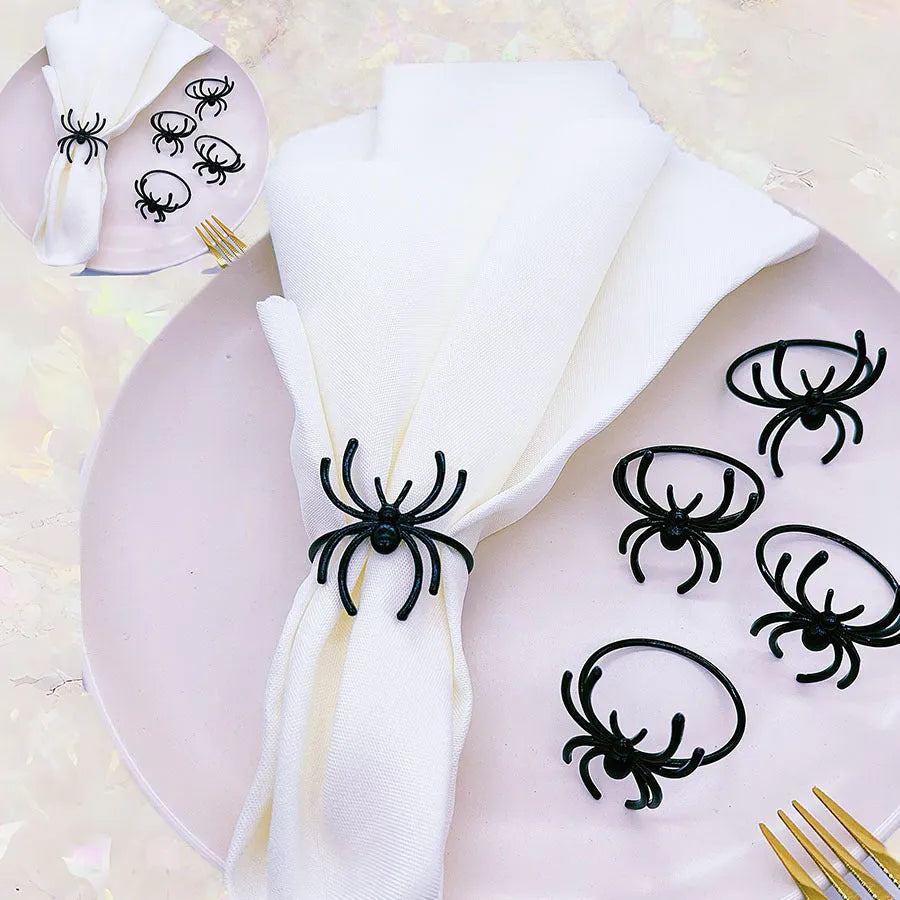 Six black alloy spider design napkin rings for Halloween table settings